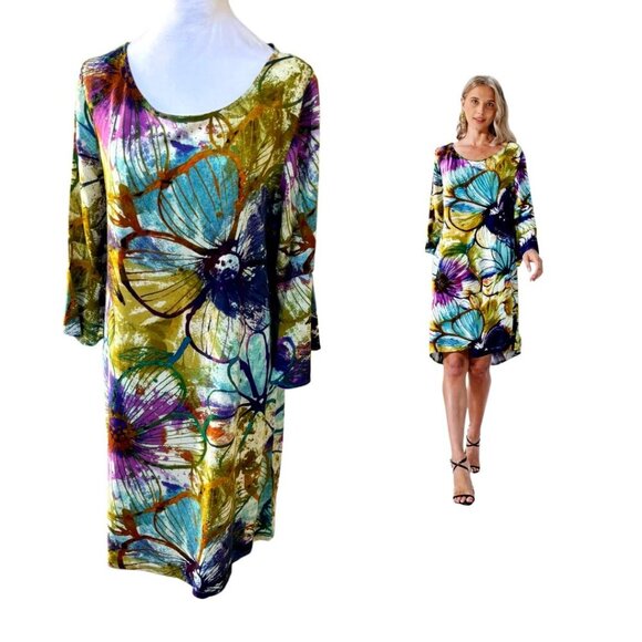 JAM'S WORLD FLORAL BELL‎ SLEEVE MIDI FLOWY RELAXED TROPICAL DRESS MEDIUM EUC - Picture 1 of 4